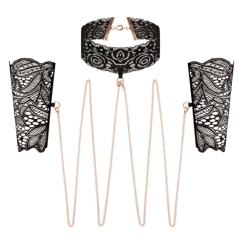 Rosy Gold Lace Cuffs and Collar - Black