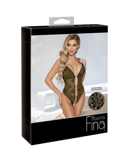 Abierta Fina Erotic Bodysuit, Floral Lace, Gold